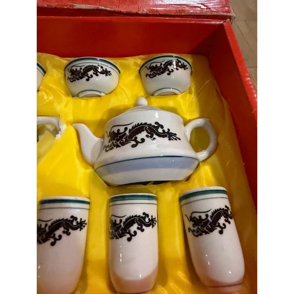 Vintage Color Changing White & Black Dragon Porcelain Tea Set With Original Box